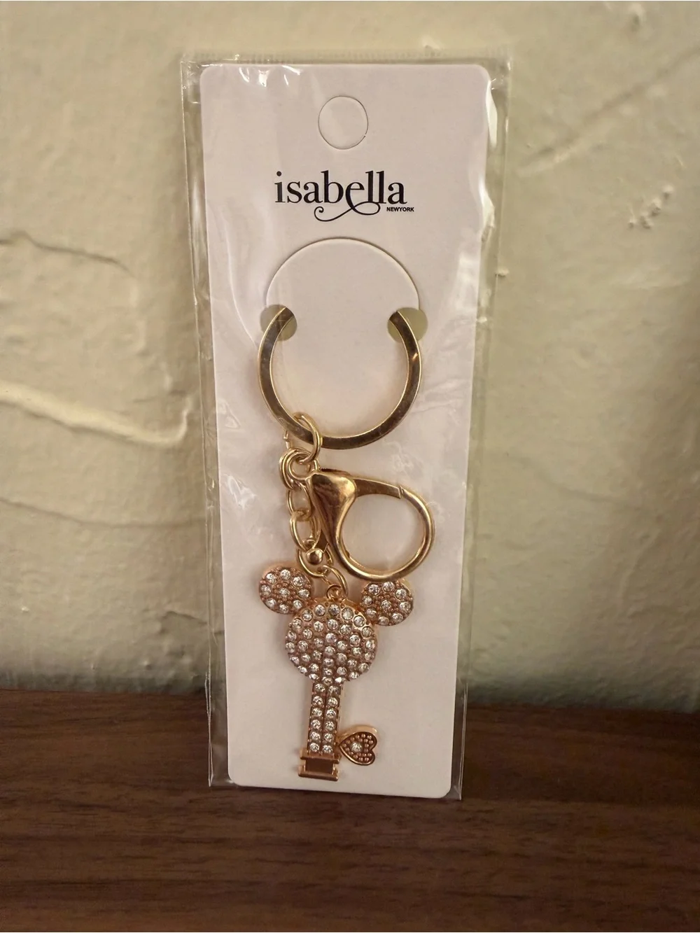Isabella New York Rhinestone Mouse Key Purse Charm Keychain Gold Tone